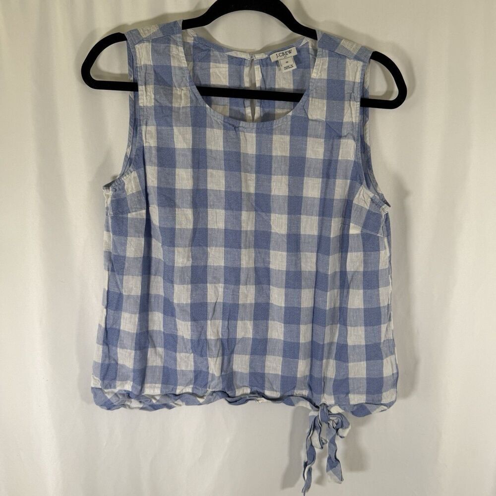 J. Crew Tank Top Women's 10 Blue White Plaid Linen Cotton Blued Tie Bottom